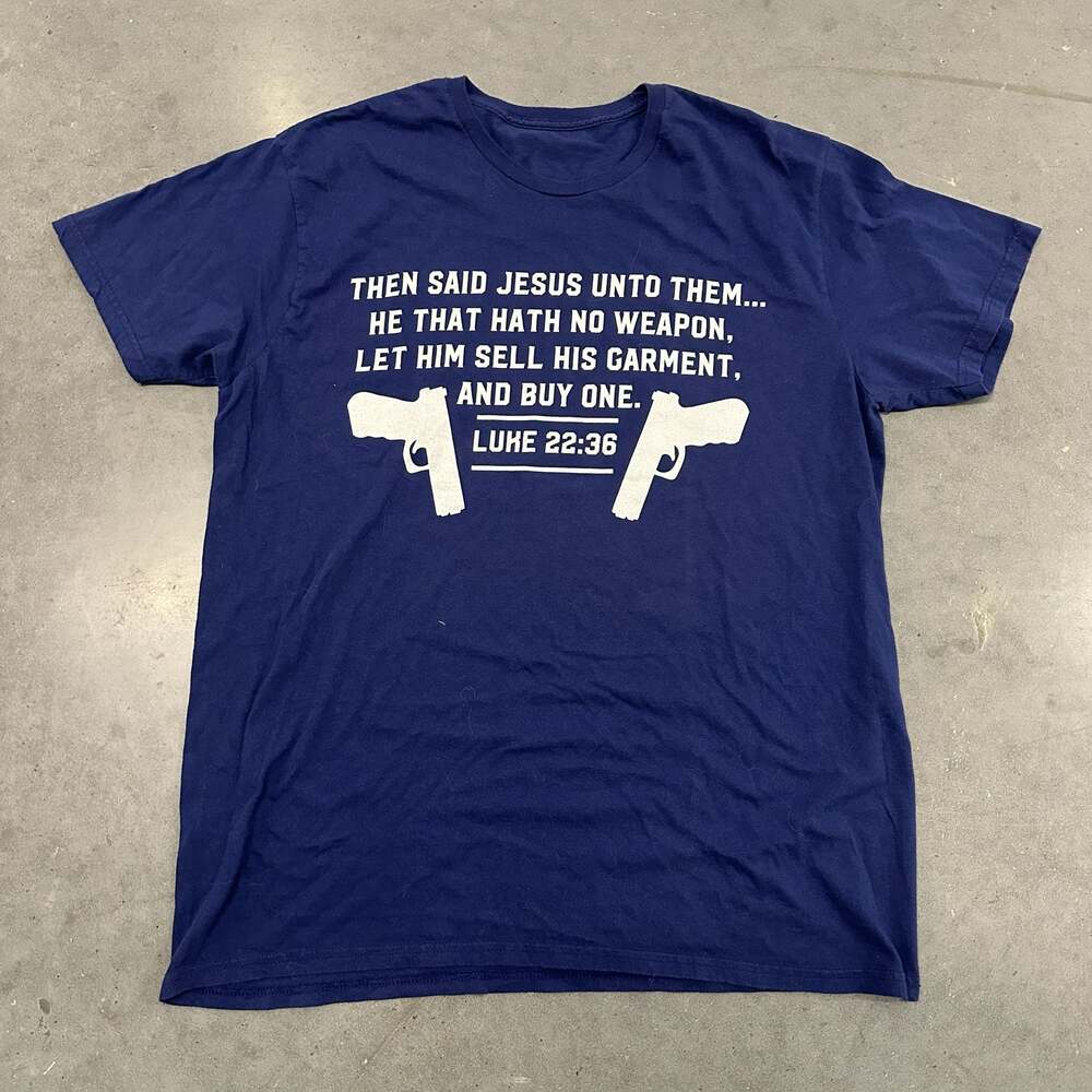 Gildan Luke 22:36 Christian Gun Bible Verse Graphic T-Shirt XL Blue